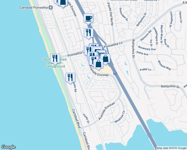 map of restaurants, bars, coffee shops, grocery stores, and more near 7233 San Bartolo Street in Carlsbad