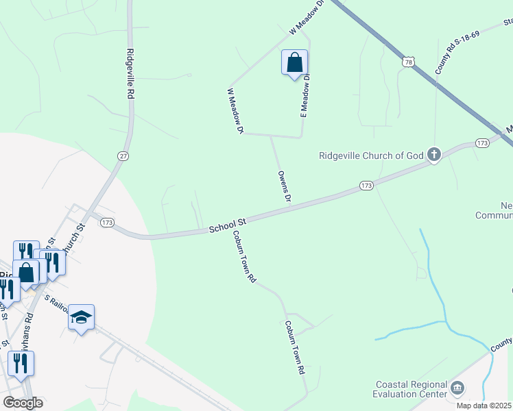 map of restaurants, bars, coffee shops, grocery stores, and more near 273 School Street in Ridgeville