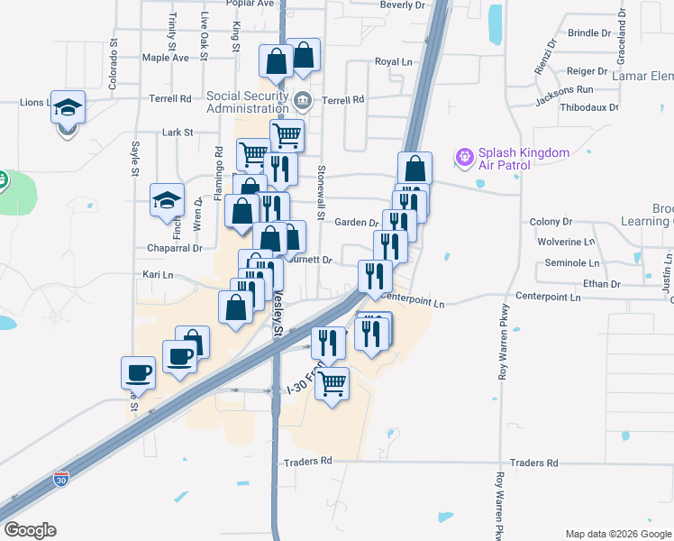 map of restaurants, bars, coffee shops, grocery stores, and more near 2502 Terry Place in Greenville