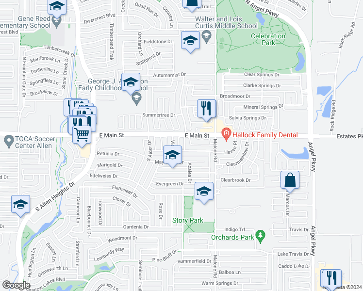 map of restaurants, bars, coffee shops, grocery stores, and more near 106 Lily Court in Allen