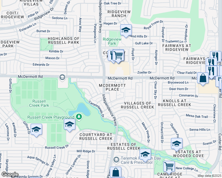 map of restaurants, bars, coffee shops, grocery stores, and more near 8900 Independence Parkway in Plano