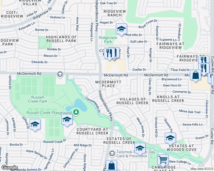 map of restaurants, bars, coffee shops, grocery stores, and more near 8900 Independence Parkway in Plano