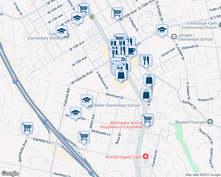map of restaurants, bars, coffee shops, grocery stores, and more near 670 West Vermont Avenue in Escondido