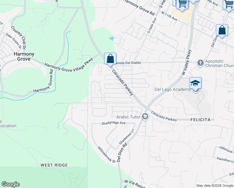 map of restaurants, bars, coffee shops, grocery stores, and more near 2148 Johnston Road in Escondido