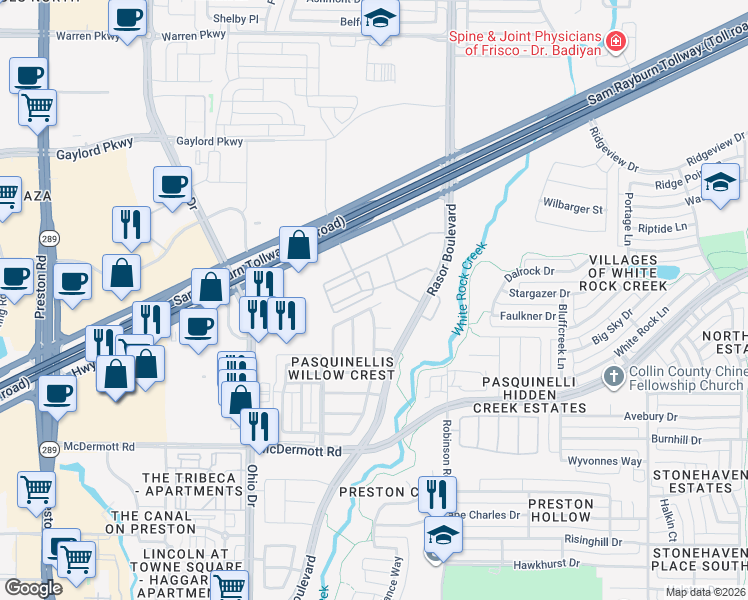 map of restaurants, bars, coffee shops, grocery stores, and more near 4643 Margo Court in Plano