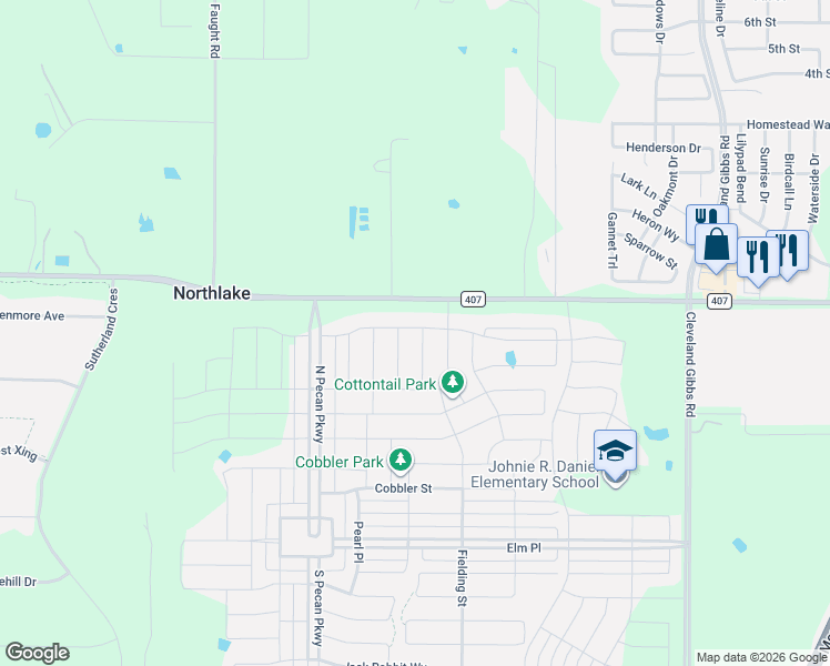 map of restaurants, bars, coffee shops, grocery stores, and more near 1400 Farm to Market Road 407 in Northlake