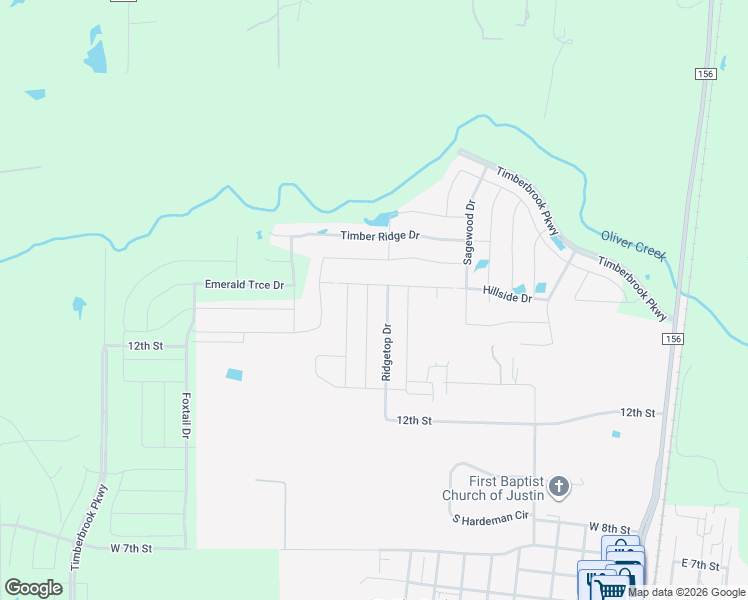 map of restaurants, bars, coffee shops, grocery stores, and more near 1029 Ridgetop Drive in Justin