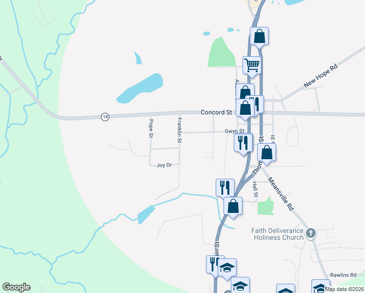 map of restaurants, bars, coffee shops, grocery stores, and more near 189 Franklin Street in Zebulon