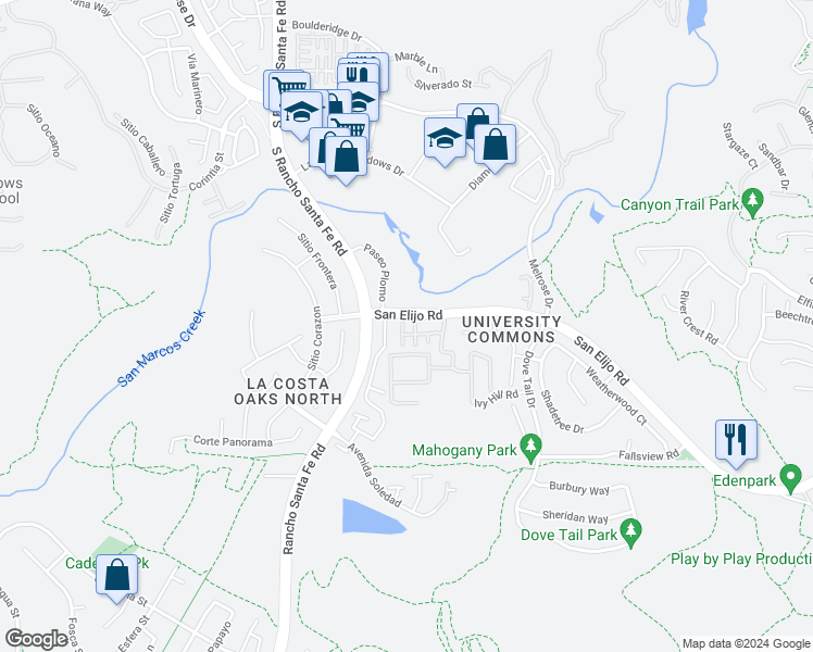 map of restaurants, bars, coffee shops, grocery stores, and more near 2192 Cosmo Way in San Marcos