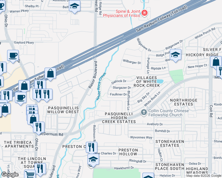 map of restaurants, bars, coffee shops, grocery stores, and more near 4637 Faulkner Drive in Plano