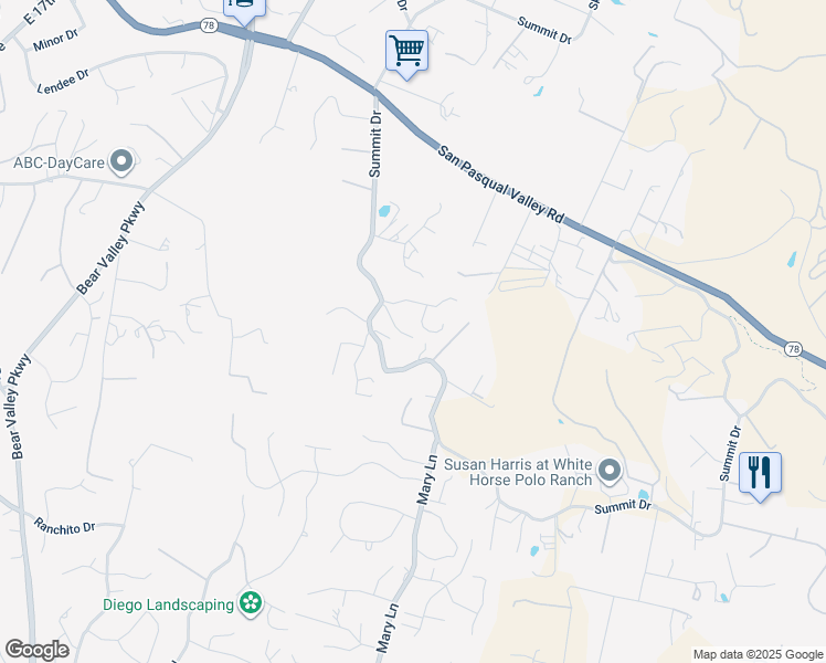 map of restaurants, bars, coffee shops, grocery stores, and more near 2270 Summit Drive in Escondido