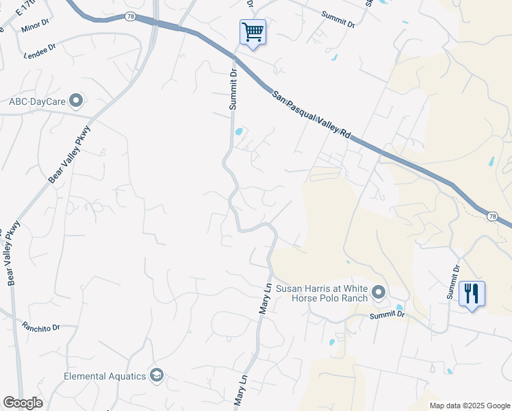 map of restaurants, bars, coffee shops, grocery stores, and more near 2270 Summit Drive in Escondido