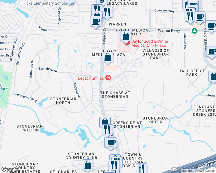 map of restaurants, bars, coffee shops, grocery stores, and more near 5314 Balmoral Drive in Frisco
