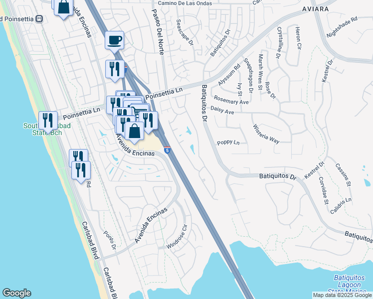 map of restaurants, bars, coffee shops, grocery stores, and more near 7204 Linden Terrace in Carlsbad