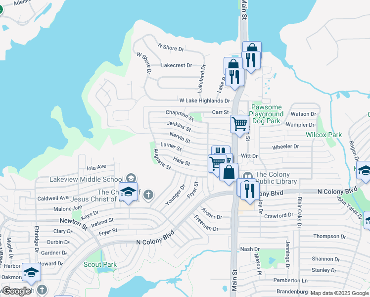 map of restaurants, bars, coffee shops, grocery stores, and more near 4500 Larner Street in The Colony