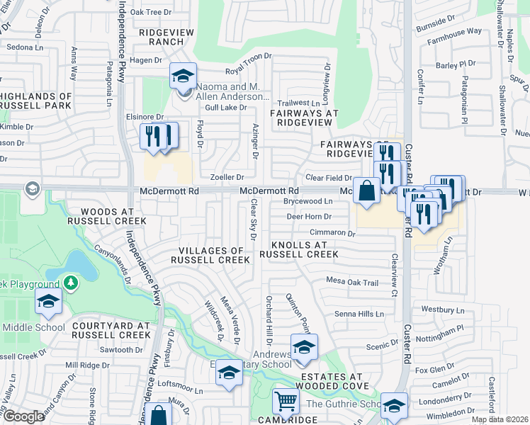 map of restaurants, bars, coffee shops, grocery stores, and more near 8824 Clear Sky Drive in Plano