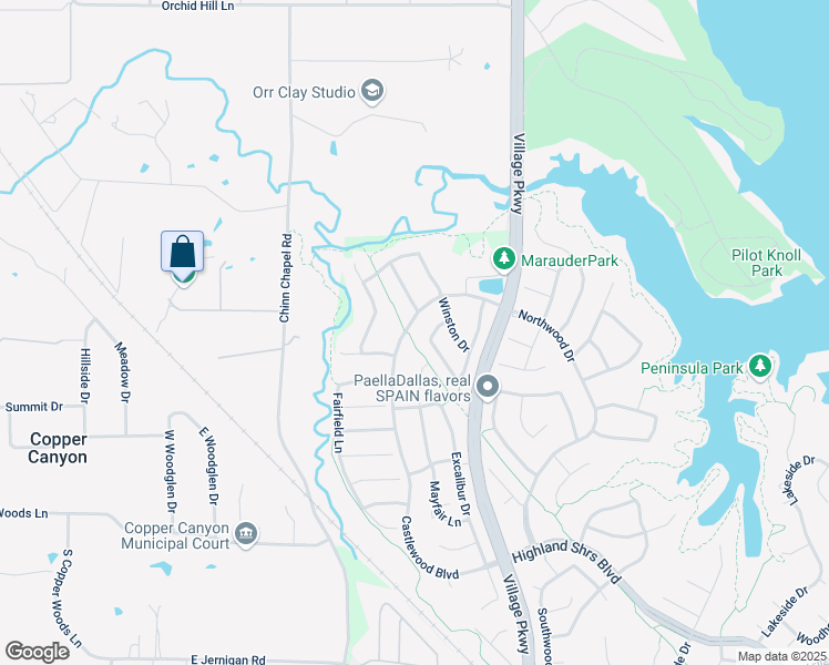 map of restaurants, bars, coffee shops, grocery stores, and more near 3368 Castlewood Boulevard in Highland Village