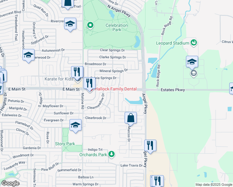map of restaurants, bars, coffee shops, grocery stores, and more near 102 Arbor Ridge Drive in Allen