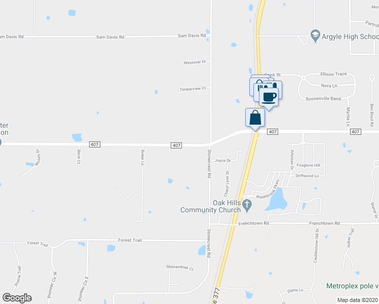 map of restaurants, bars, coffee shops, grocery stores, and more near 223 Fm 407 West in Argyle