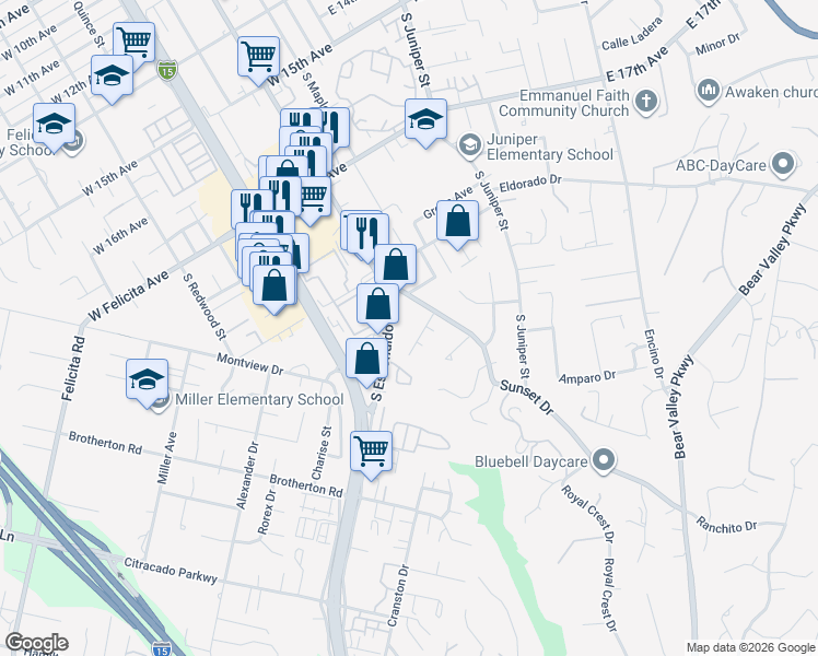 map of restaurants, bars, coffee shops, grocery stores, and more near 1935 Sunset Drive in Escondido