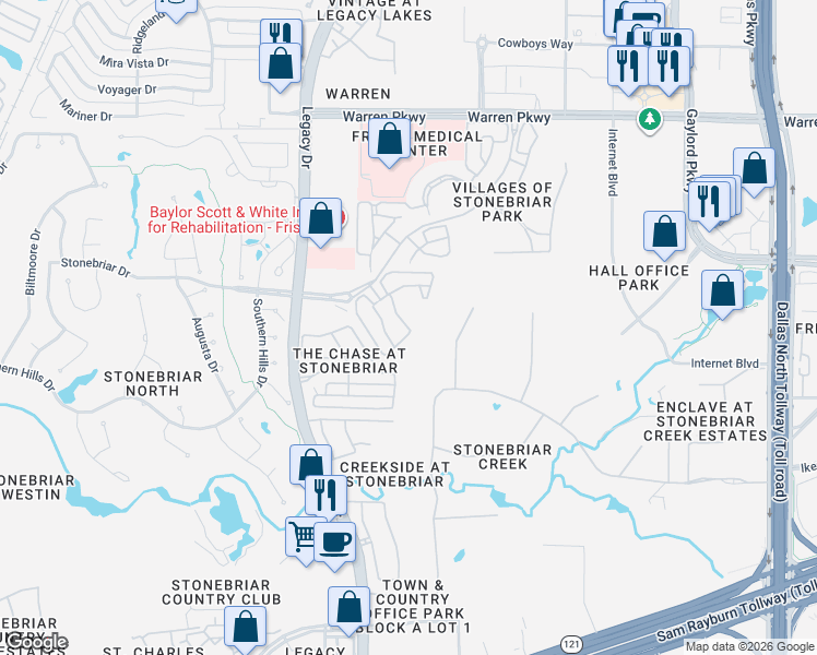 map of restaurants, bars, coffee shops, grocery stores, and more near 9494 Park Lane in Frisco