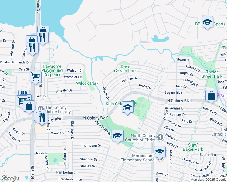 map of restaurants, bars, coffee shops, grocery stores, and more near 5145 Sherman Drive in The Colony