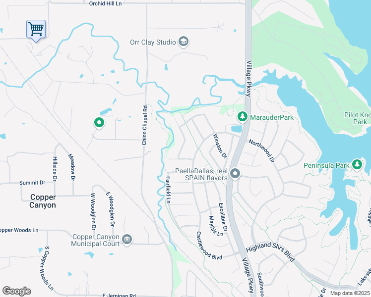 map of restaurants, bars, coffee shops, grocery stores, and more near 3425 Buckingham Lane in Highland Village