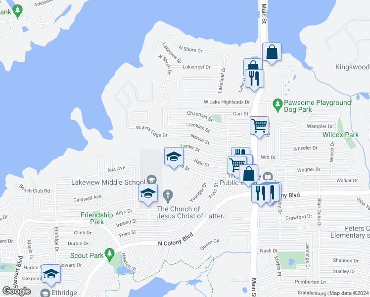 map of restaurants, bars, coffee shops, grocery stores, and more near 4413 Larner Street in The Colony