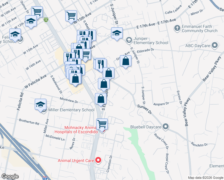 map of restaurants, bars, coffee shops, grocery stores, and more near 1950 Sunset Drive in Escondido
