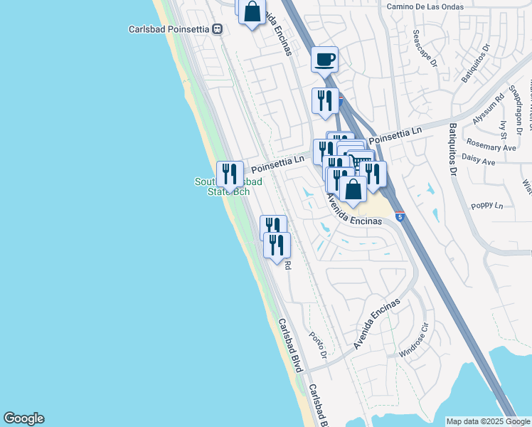 map of restaurants, bars, coffee shops, grocery stores, and more near 7068 Whitewater Street in Carlsbad
