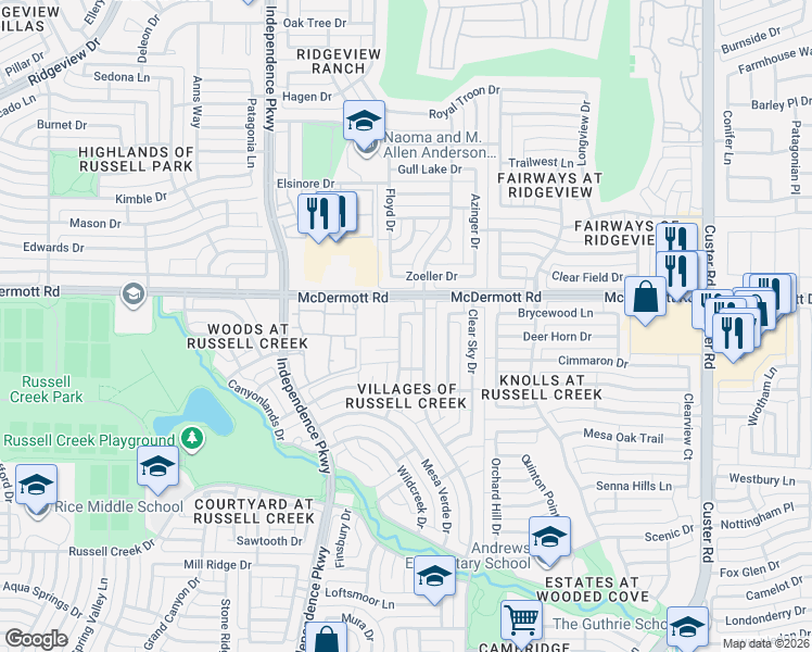 map of restaurants, bars, coffee shops, grocery stores, and more near 2709 McDermott Road in Plano