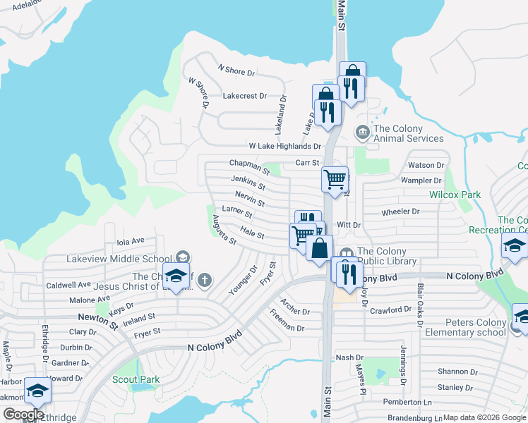 map of restaurants, bars, coffee shops, grocery stores, and more near 4500 Nervin Street in The Colony