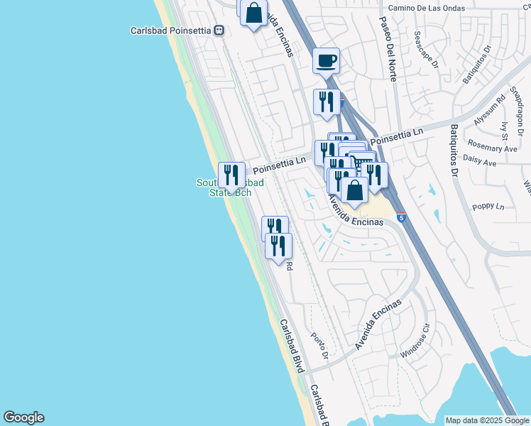 map of restaurants, bars, coffee shops, grocery stores, and more near 7064 Whitewater Street in Carlsbad