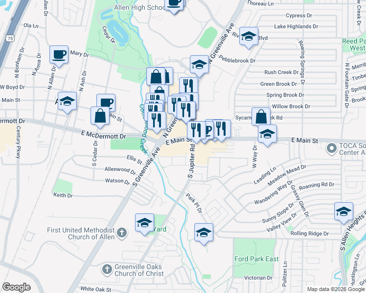 map of restaurants, bars, coffee shops, grocery stores, and more near 102a North Greenville Avenue in Allen