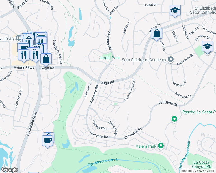 map of restaurants, bars, coffee shops, grocery stores, and more near 7016 Via Cabana in Carlsbad