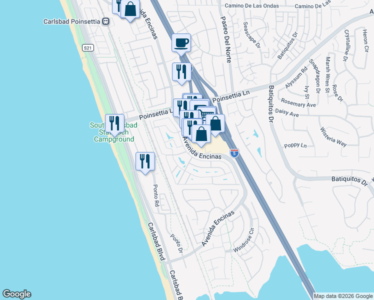 map of restaurants, bars, coffee shops, grocery stores, and more near 7150 Avenida Encinas in Carlsbad