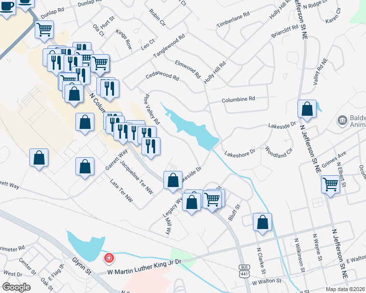 map of restaurants, bars, coffee shops, grocery stores, and more near 1620 Pine Valley Road in Milledgeville