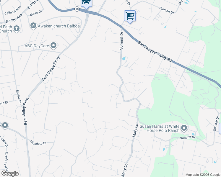 map of restaurants, bars, coffee shops, grocery stores, and more near 1035 Summit Trail in Escondido
