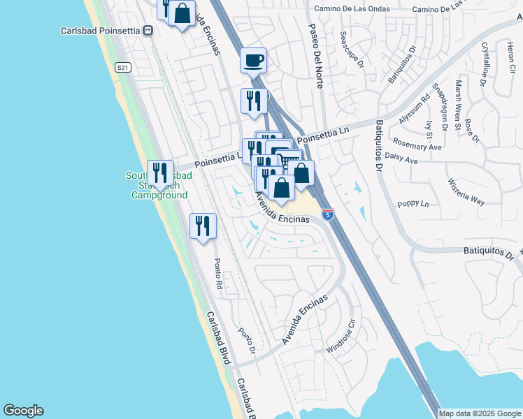 map of restaurants, bars, coffee shops, grocery stores, and more near 7150 Avenida Encinas in Carlsbad