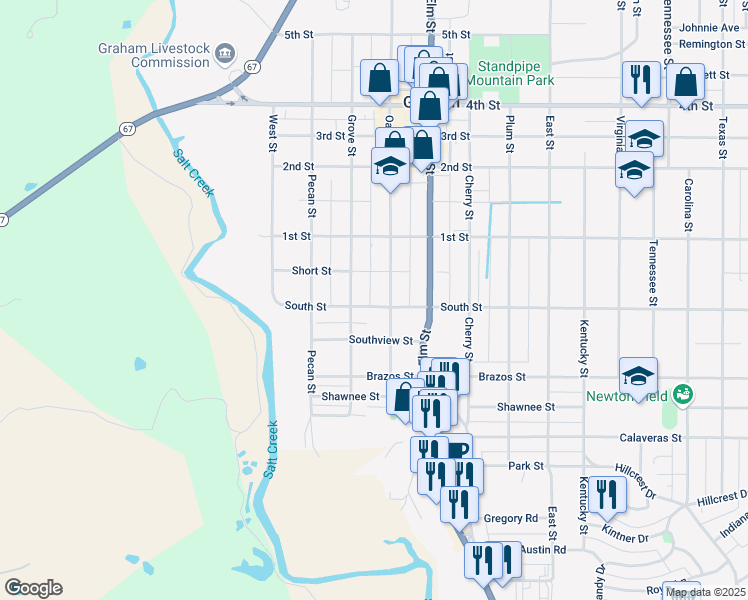 map of restaurants, bars, coffee shops, grocery stores, and more near 411 South Street in Graham