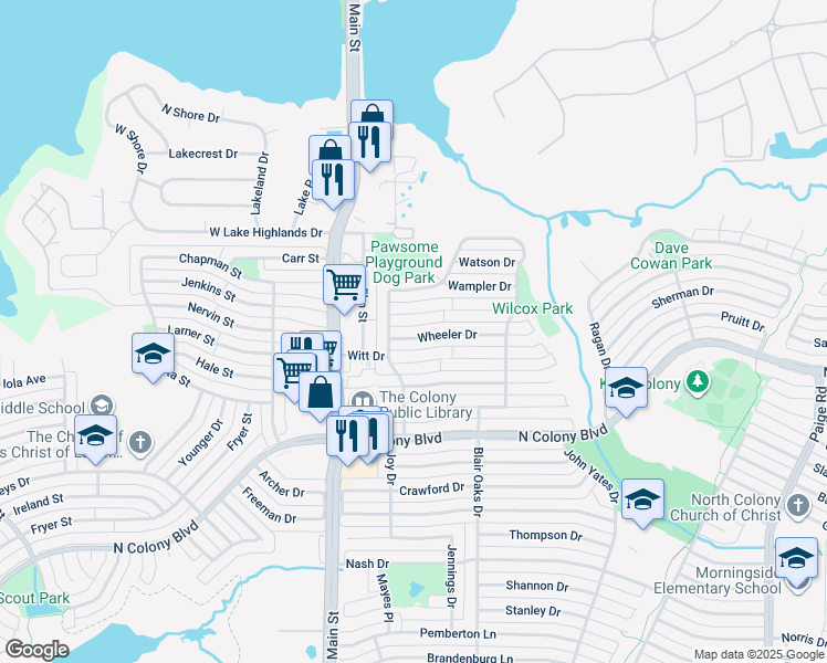 map of restaurants, bars, coffee shops, grocery stores, and more near 4820 Wheeler Drive in The Colony