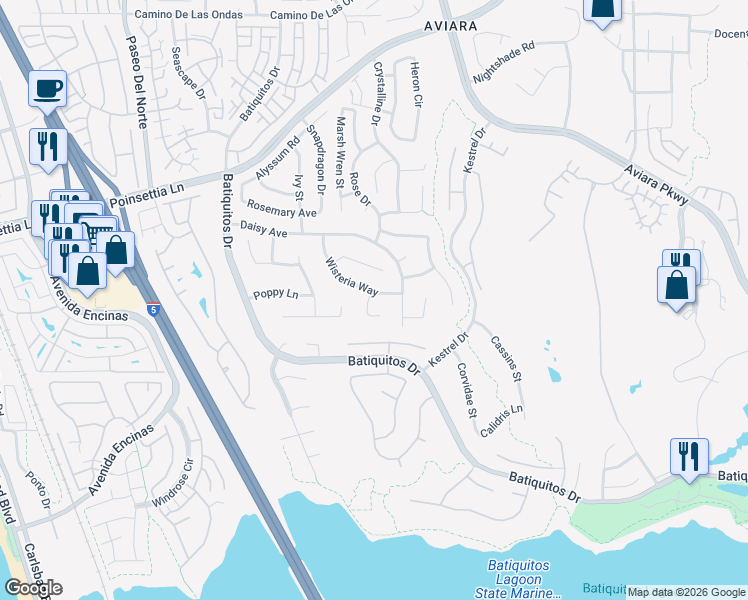 map of restaurants, bars, coffee shops, grocery stores, and more near 7222 Wisteria Way in Carlsbad