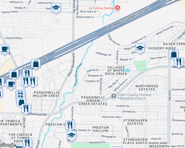 map of restaurants, bars, coffee shops, grocery stores, and more near 4612 Dalrock Drive in Plano