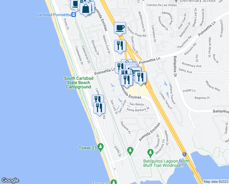 map of restaurants, bars, coffee shops, grocery stores, and more near 7212 Santa Barbara Street in Carlsbad