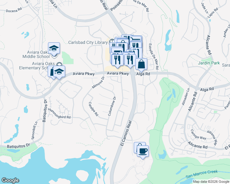map of restaurants, bars, coffee shops, grocery stores, and more near 7104 Columbine Drive in Carlsbad