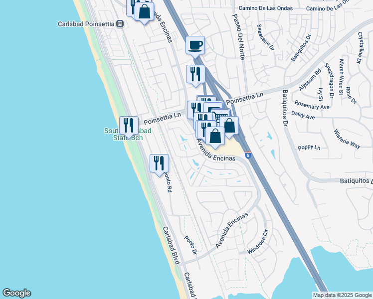 map of restaurants, bars, coffee shops, grocery stores, and more near 7241 San Luis Street in Carlsbad