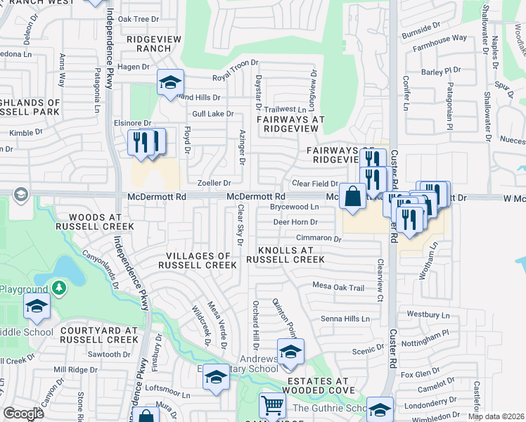 map of restaurants, bars, coffee shops, grocery stores, and more near 2509 McDermott Road in Plano