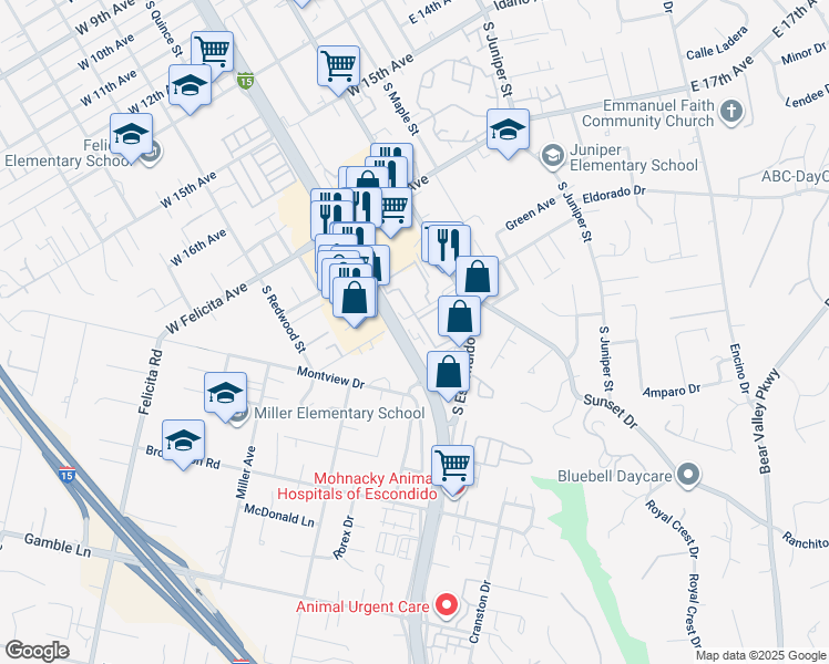 map of restaurants, bars, coffee shops, grocery stores, and more near 301 West Vermont Avenue in Escondido