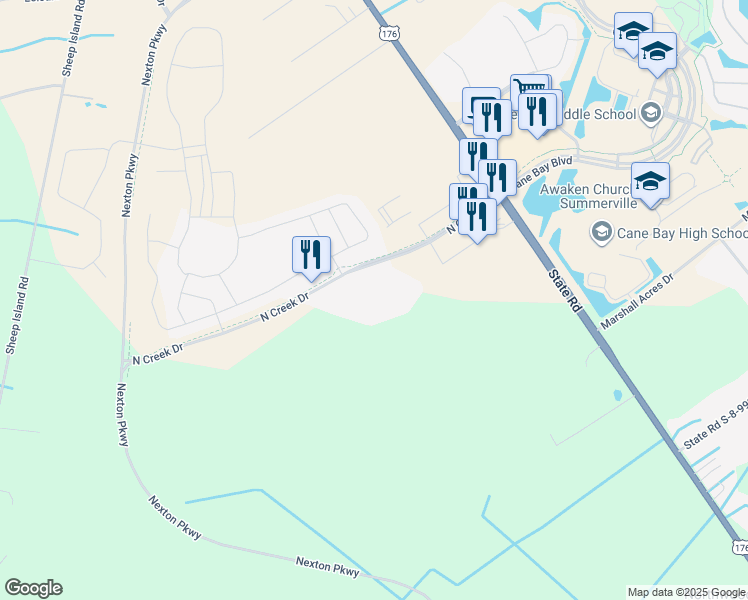 map of restaurants, bars, coffee shops, grocery stores, and more near in Goose Creek
