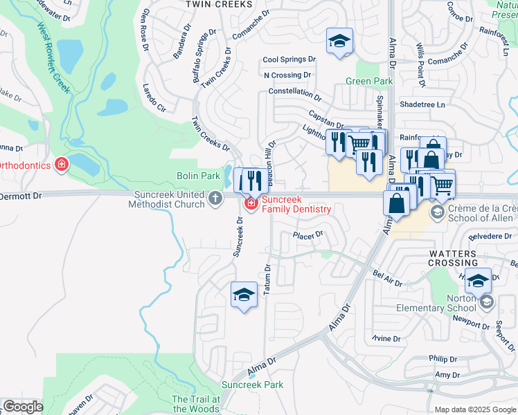 map of restaurants, bars, coffee shops, grocery stores, and more near 1505 West McDermott Drive in Allen